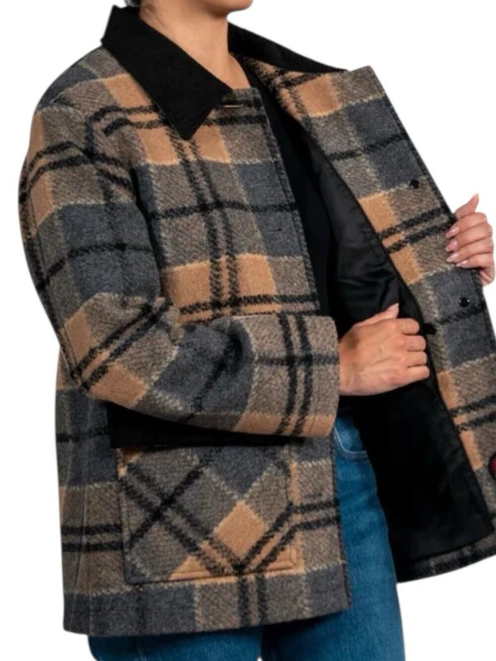 Pendleton Womens Barn Coat XL Tan Plaid Wool Blend Button Front Pockets Jacket - Picture 4 of 5